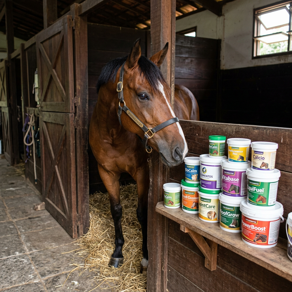 Bay horse standing in a stable beside shelves of equine supplement containers